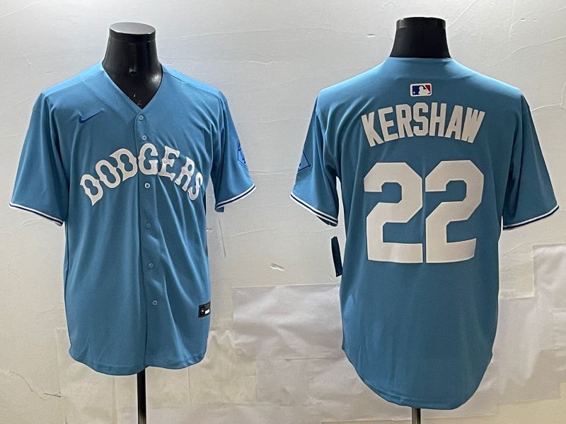 Men Los Angeles Dodgers #22 Kershaw Light Blue Joint Name 2025 Nike MLB Jersey style 1